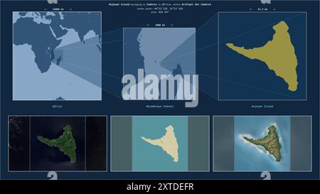 Anjouan Island im Mosambik-Kanal - gehört zu den Komoren. Beschriebenes Lagediagramm mit gelber Form der Insel und Beispielkarten ihrer sur Stockfoto