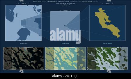 Ile aux Rennes im Indischen Ozean - gehört zu den französischen südlichen und antarktischen Ländern. Beschriebenes Lagediagramm mit gelber Form der Insel und Stockfoto