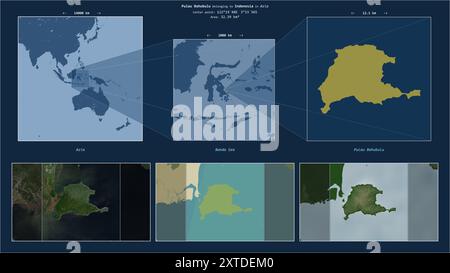 Pulau Bahubulu in der Banda-See - gehört zu Indonesien. Beschriebenes Lagediagramm mit gelber Form der Insel und Beispielkarten ihrer Umgebung Stockfoto