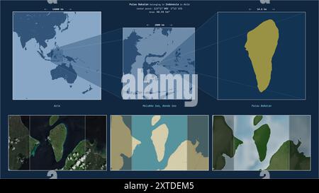 Pulau Bakalan in der Banda-See - gehört zu Indonesien. Beschriebenes Lagediagramm mit gelber Form der Insel und Beispielkarten ihrer Umgebung Stockfoto