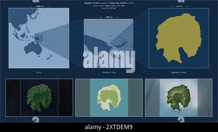Bagabag-Insel in der Bismarcksee - gehört zu Papua-Neuguinea. Beschriebenes Lagediagramm mit gelber Form der Insel und Beispielkarten der Insel Stockfoto