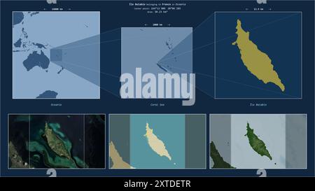 Ile Balabio im Korallenmeer - gehört zu Frankreich. Beschriebenes Lagediagramm mit gelber Form der Insel und Beispielkarten der Umgebung Stockfoto