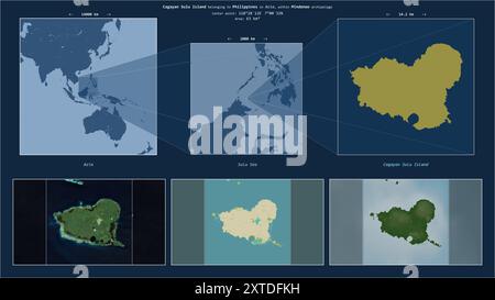 Cagayan Sulu Island in der Sulu See - gehört zu den Philippinen. Beschriebenes Lagediagramm mit gelber Form der Insel und Beispielkarten ihrer surr Stockfoto