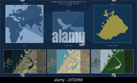 Die Insel Bur Dubai im Persischen Golf gehört zu den Vereinigten Arabischen Emiraten. Beschriebenes Lagediagramm mit gelber Form der Insel und Beispielkarten o Stockfoto