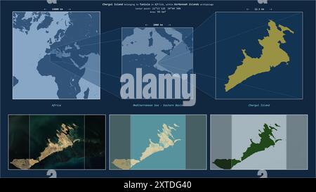Die Insel Chergui im Mittelmeer - östliches Becken - gehört zu Tunesien. Beschriebenes Lagediagramm mit gelber Form der Insel und Probe Stockfoto
