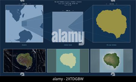 Ile aux Cochons im Indischen Ozean - gehört zu Frankreich. Beschriebenes Lagediagramm mit gelber Form der Insel und Beispielkarten ihrer Umgebung Stockfoto