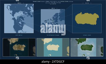 Cornwall Island in den nordwestlichen Passagen - gehört zu Kanada. Beschriebenes Lagediagramm mit gelber Form der Insel und Beispielkarten von Stockfoto