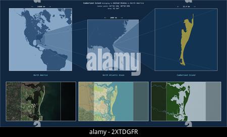 Cumberland Island im Nordatlantik - gehört zu den Vereinigten Staaten. Beschriebenes Lagediagramm mit gelber Form der Insel und Beispielkarten Stockfoto