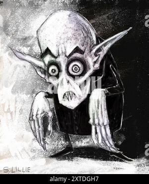 Schwarz-weiß-Illustration von komischen humorvollen Vampiren im Stil von Nosferatu, Fledermausohren, langen Nägeln, Zähnen, Horrorsymbolen, lebendig tot, Kunstwerk Stockfoto