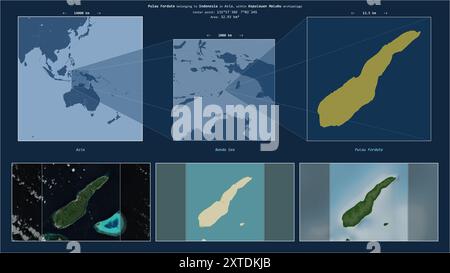 Pulau Fordate in der Banda-See - gehört zu Indonesien. Beschriebenes Lagediagramm mit gelber Form der Insel und Beispielkarten ihrer Umgebung Stockfoto