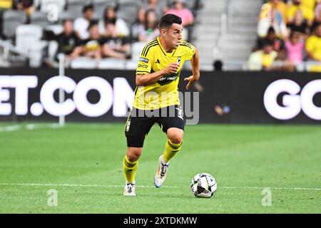 13. August 2024: Der Mittelfeldspieler Dylan Chambost (7) der Columbus Crew übernimmt den Ball gegen Inter Miami im Liagues Cup in Columbus, Ohio. Brent Clark/Cal Sport Media Stockfoto