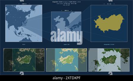Geogeumdo-Insel im Japanischen Meer - gehört zu Südkorea. Beschriebenes Lagediagramm mit gelber Form der Insel und Beispielkarten ihrer Umgebung Stockfoto
