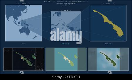 Pulau Gebe im Halmahera-Meer - gehört zu Indonesien. Beschriebenes Lagediagramm mit gelber Form der Insel und Beispielkarten ihrer Umgebung Stockfoto