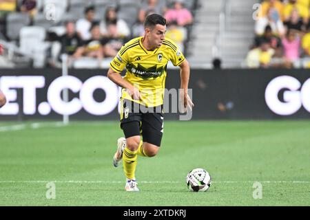 13. August 2024: Der Mittelfeldspieler Dylan Chambost (7) der Columbus Crew übernimmt den Ball gegen Inter Miami im Liagues Cup in Columbus, Ohio. Brent Clark/Cal Sport Media Stockfoto