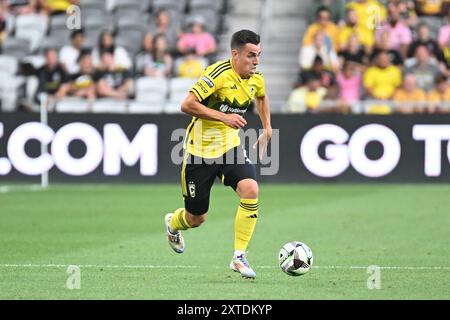 13. August 2024: Der Mittelfeldspieler Dylan Chambost (7) der Columbus Crew übernimmt den Ball gegen Inter Miami im Liagues Cup in Columbus, Ohio. Brent Clark/Cal Sport Media Stockfoto