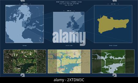 Große Insel in der Keltischen See - gehört zu Irland. Beschriebenes Lagediagramm mit gelber Form der Insel und Beispielkarten der Umgebung Stockfoto