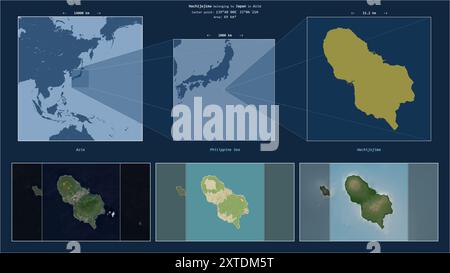 Hachijojima in der Philippinischen See - gehört zu Japan. Beschriebenes Lagediagramm mit gelber Form der Insel und Beispielkarten der Umgebung Stockfoto