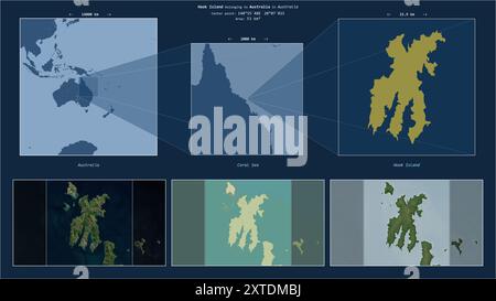Hook Island im Korallenmeer - gehört zu Australien. Beschriebenes Lagediagramm mit gelber Form der Insel und Beispielkarten der Umgebung Stockfoto