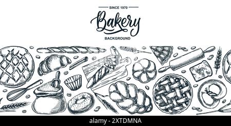 Frischer Teig nahtloser horizontaler Hintergrund. Vektor Hand gezeichnete Skizze Illustration des Backens Brot, Croissant, Bagel, Brötchen. Bäckereimenü, Banner, Poster Stock Vektor