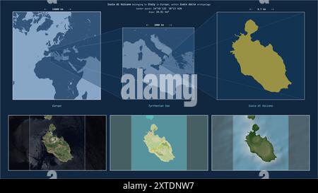 Isola di Vulcano im Tyrrhenischen Meer - gehört zu Italien. Beschriebenes Lagediagramm mit gelber Form der Insel und Beispielkarten ihrer Umgebung Stockfoto