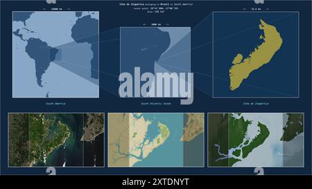 Ilha de Itaparica im Südatlantik - gehört zu Brasilien. Beschriebenes Lagediagramm mit gelber Form der Insel und Beispielkarten der Insel Stockfoto