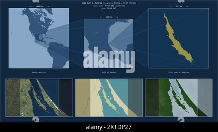 Isla Juan A. Ramirez im Golf von Mexiko - gehört zu Mexiko. Beschriebenes Lagediagramm mit gelber Form der Insel und Beispielkarten ihrer su Stockfoto