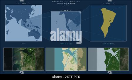 Ko Kho Khao Insel in der Andamanen oder Birma See - gehört zu Thailand. Beschriebenes Lagediagramm mit gelber Form der Insel und Beispielkarten von Stockfoto