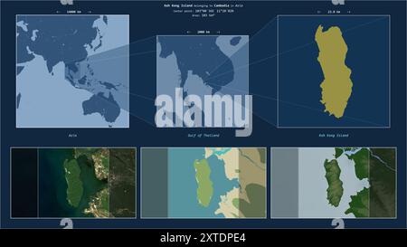 Koh Kong Island im Golf von Thailand - gehört zu Kambodscha. Beschriebenes Lagediagramm mit gelber Form der Insel und Beispielkarten ihrer sur Stockfoto