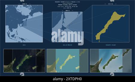 Kunashir Insel im Ochotskischen Meer - gehört zu Russland. Beschriebenes Lagediagramm mit gelber Form der Insel und Beispielkarten ihrer Umgebung Stockfoto