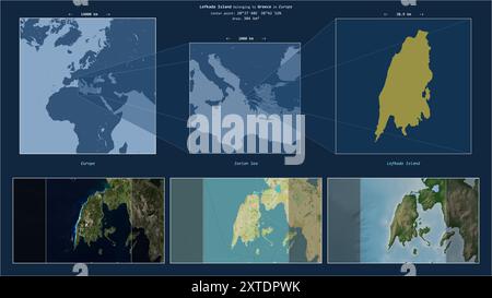 Die Insel Lefkada im Ionischen Meer gehört zu Griechenland. Beschriebenes Lagediagramm mit gelber Form der Insel und Beispielkarten der Umgebung Stockfoto