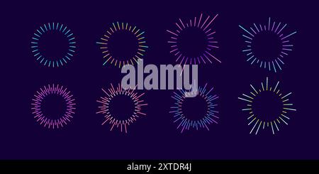 Set aus Musik-Equalizern und kreisförmigen Schallwellen. Stock Vektor