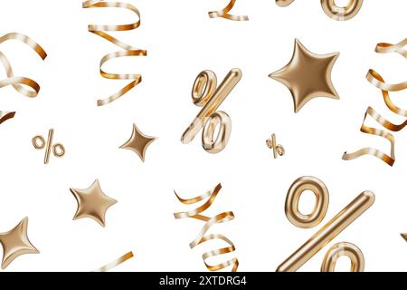 Elegantes nahtloses Muster mit goldenen Bändern und Prozentsymbolen, die auf weißem Hintergrund schweben, ideal für die Illustration von Vertrieb, Finanzen und Stockfoto