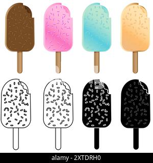 Set mit Eislollies oder Eiscreme in Farbe, Schwarz-weiß und Aussparung Stock Vektor