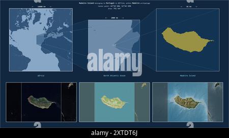 Die Insel Madeira im Nordatlantik gehört zu Portugal. Beschriebenes Lagediagramm mit gelber Form der Insel und Beispielkarten der Insel Stockfoto