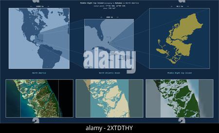 Middle Bight Cay Island im Nordatlantik - gehört zu den Bahamas. Beschriebenes Lagediagramm mit gelber Form der Insel und Beispielkarten Stockfoto