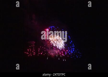 Lebendiges Feuerwerk erleuchtet den Nachthimmel in explosiver Feier Stockfoto