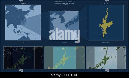 Nakadorijima im Japanischen Meer - gehört zu Japan. Beschriebenes Lagediagramm mit gelber Form der Insel und Beispielkarten der Umgebung Stockfoto