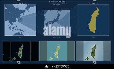 Niijima in der Philippinischen See - gehört zu Japan. Beschriebenes Lagediagramm mit gelber Form der Insel und Beispielkarten der Umgebung Stockfoto