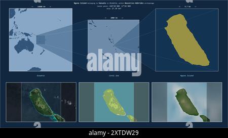 Die Insel Nguna im Korallenmeer gehört zu Vanuatu. Beschriebenes Lagediagramm mit gelber Form der Insel und Beispielkarten der Umgebung Stockfoto