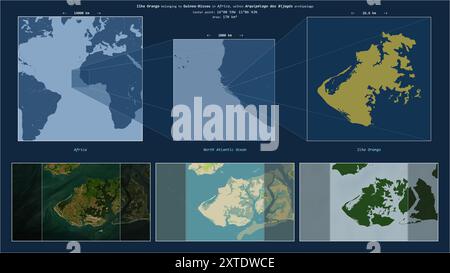 Ilha Orango im Nordatlantik - gehört zu Guinea-Bissau. Beschriebenes Lagediagramm mit gelber Form der Insel und Beispielkarten davon Stockfoto
