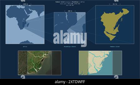 Pambane Island im Mosambik-Kanal - gehört zu Mosambik. Beschriebenes Lagediagramm mit gelber Form der Insel und Beispielkarten der Insel Stockfoto