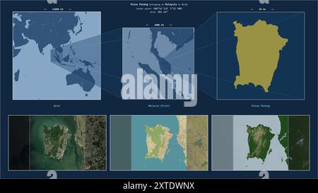 Pulau Penang in der Malakka-Straße - gehört zu Malaysia. Beschriebenes Lagediagramm mit gelber Form der Insel und Beispielkarten ihrer Umgebung Stockfoto