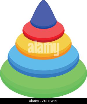 Bunte Spielzeugpyramide mit Ringen, die vom größten bis zum kleinsten Element gestapelt sind Stock Vektor