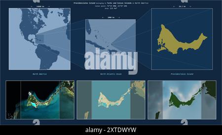 Providenciales Island im Nordatlantik - gehört zu den Turks- und Caicosinseln. Beschriebenes Lagediagramm mit gelber Form der Insel Stockfoto