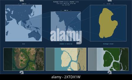 Pyinbugyi-Insel in der Andamanen oder Birma-See - gehört zu Myanmar. Beschriebenes Lagediagramm mit gelber Form der Insel und Beispielkarten der Insel Stockfoto