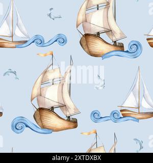 Verschiedene Segelboote auf lockigen Wellen und kleine Fische handgezeichnet nach nahtlosem Muster. Marine Art Design Textil in Aquarellen. Fische und Segelschiffe Stockfoto