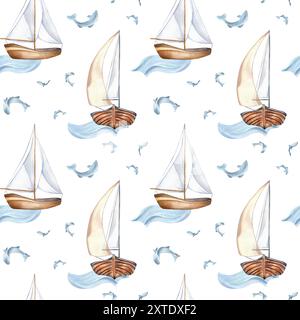 Segelboot ein Mast auf Wellen und kleine Fische handgezeichnet von nahtlosem Muster. Nautische Designtextilien in Aquarellen. Fische und Segelschiff im Hintergrund Stockfoto