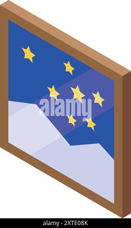 Isometrischer Vektor, der einen hölzernen Bilderrahmen mit Glas zeigt, der ein Gemälde eines Nachthimmels mit Sternen über schneebedeckten Berggipfeln schützt Stock Vektor