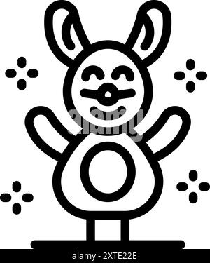 Schwarz-weiße Zeichnung eines glücklichen Karikaturhasen, der mit einem großen Lächeln winkt Stock Vektor