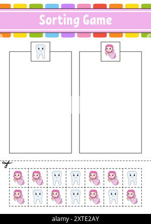 Sortierspiel für Kinder. Schneiden und kleben. Arbeitsblatt zur Entwicklung von Bildungsmaßnahmen. Passendes Spiel für Kinder. Seite „Farbaktivität“. Puzzle für Kinder. Niedlicher Charakter. Stock Vektor